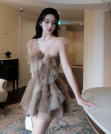 Romantic Brown A Line V Neck Layered Tulle Short Homecoming Dress Cocktail Dress HZ1023